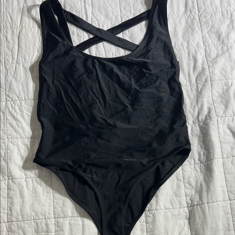 Forever‎ 21 Black Crisscross Bodysuit size L nylon spandex blend
